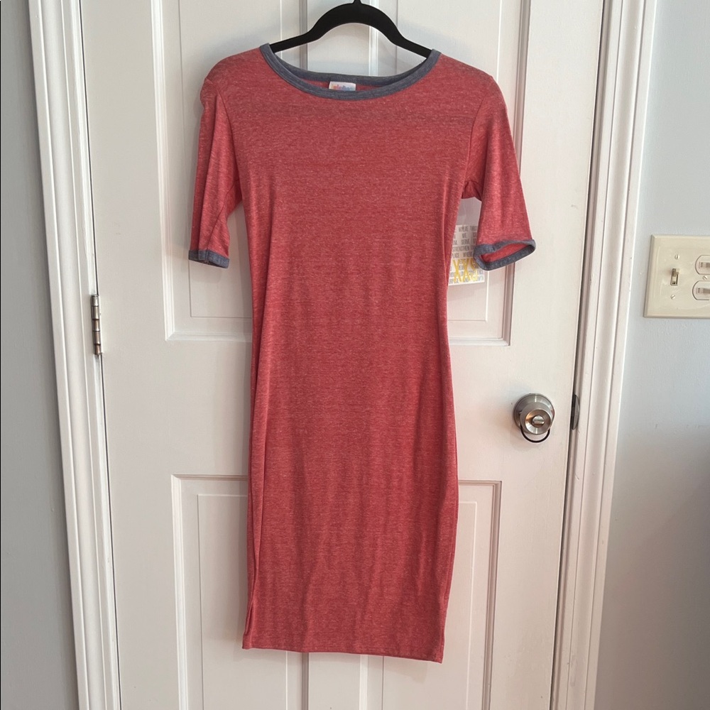 LuLaRoe Red Maxi Dress with Gray Trim